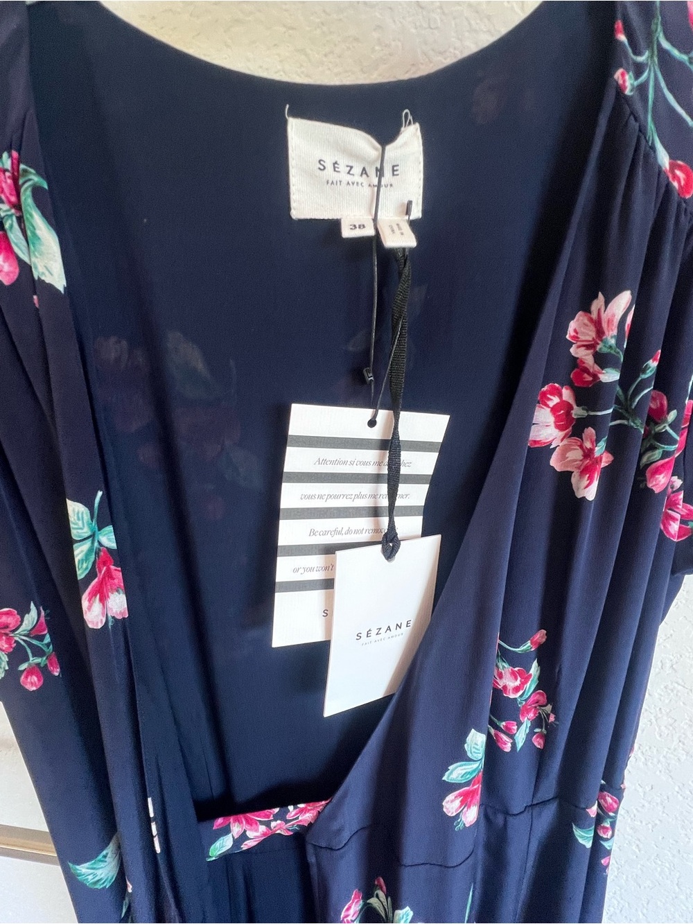 Sézane Navy Floral Wrap Midi Dress - Navy with Pink Floral Print - Picture 3 of 5